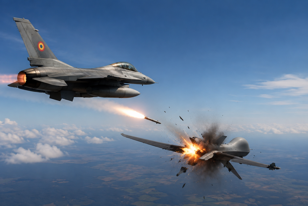 Premieră în România: o dronă a fost doborâtă de un avion F-16 după ce a intrat în spațiul aerian național