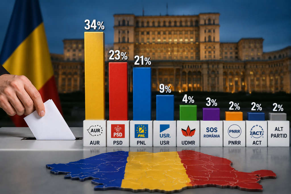 Sondaj CURS: AUR conduce detașat în intenția de vot. Luptă strânsă între PSD și PNL pentru locul al doilea