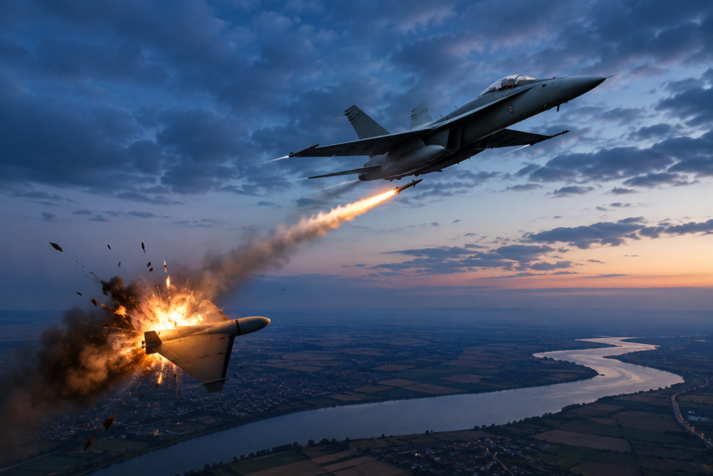 Alertă la Galați: o dronă intrată în spațiul aerian al României a fost doborâtă de un F-18 spaniol